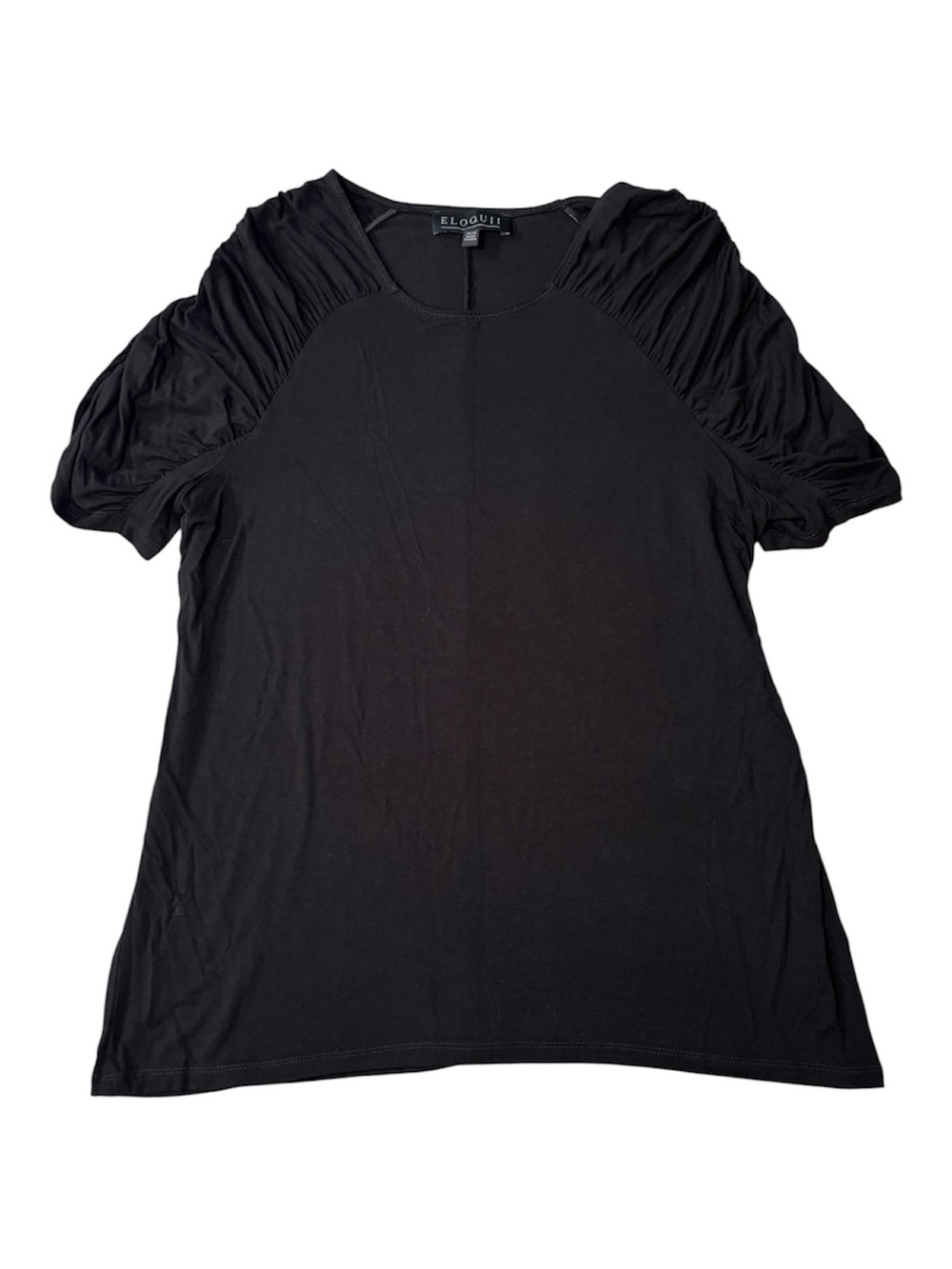 Eloquii Top, Black Ruched Sleeve Soft Tee, T-Shirt, 1X, 14/16, 16, Puff